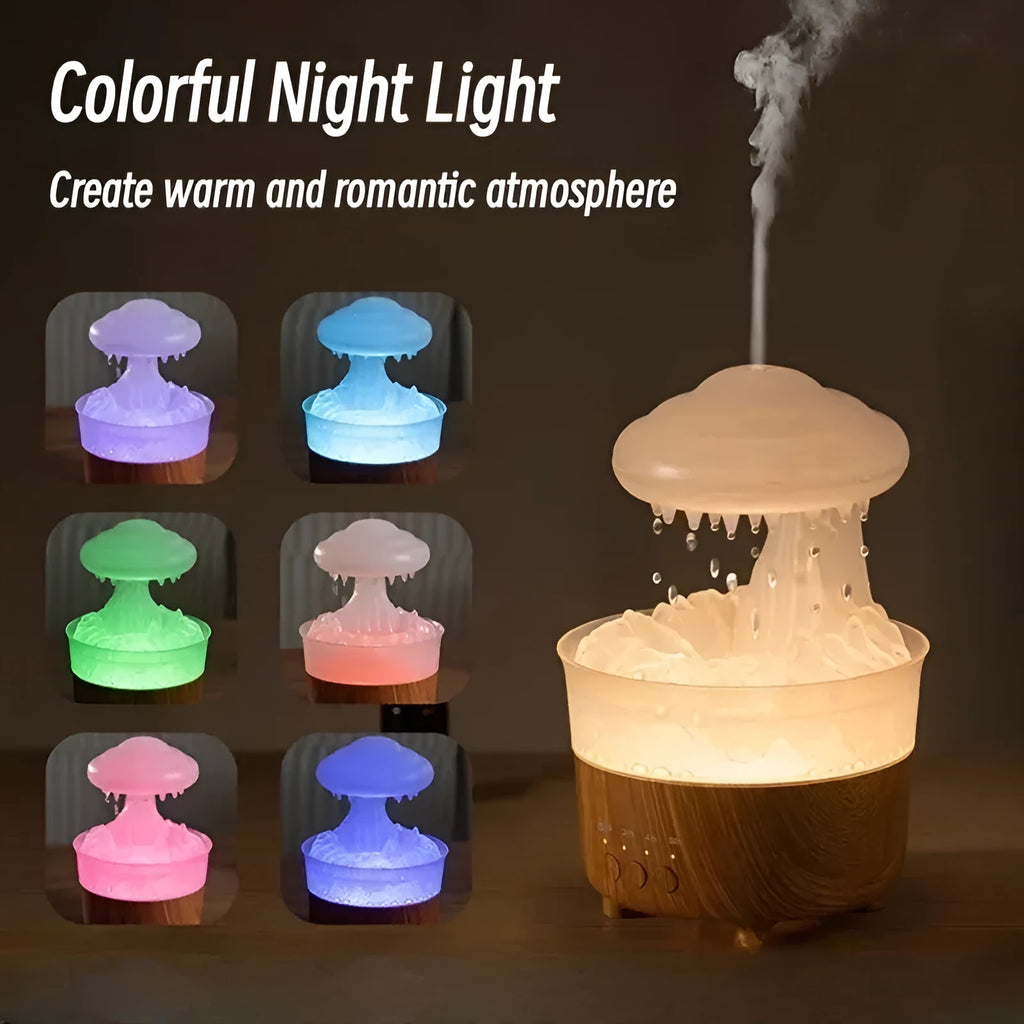 Wood grain finished rain cloud humidifier diffuser with coloured LED night light on table