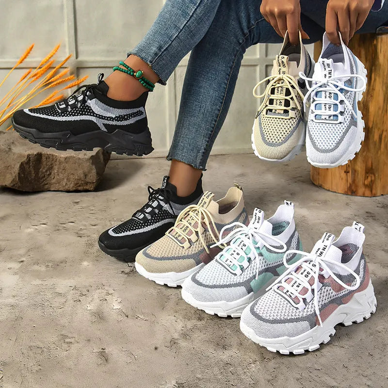 Flying Woven mesh dad shoes women's breathable lightweight soft sole casual sneakers flat heel front lace-up round toe