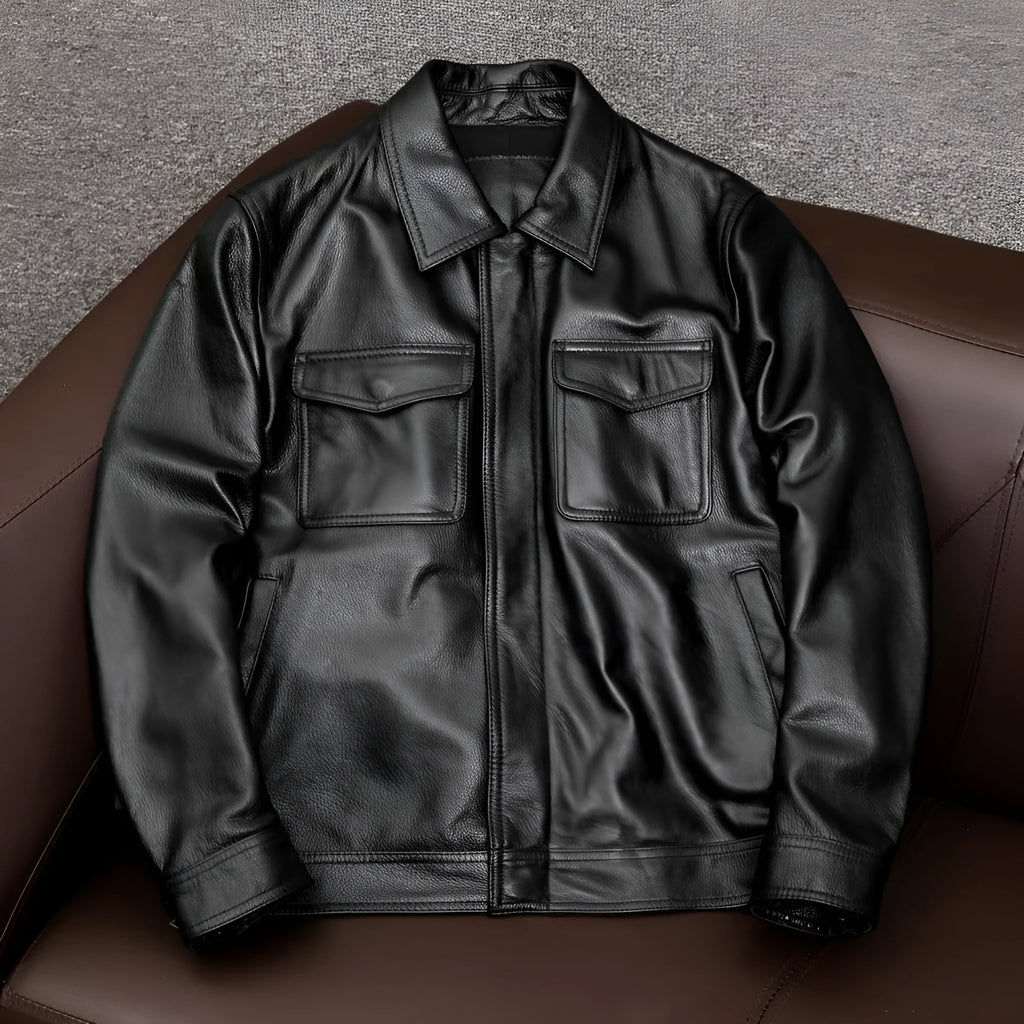 Men's black lapel collar PU leather jacket with patterned detailing and side pockets