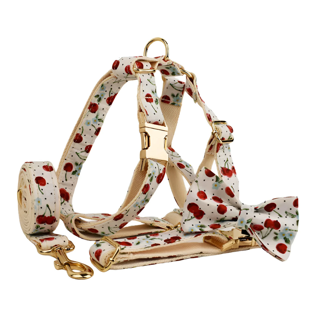 Red cherry printed cloth dog collar with light gold buckle and detachable bow strap