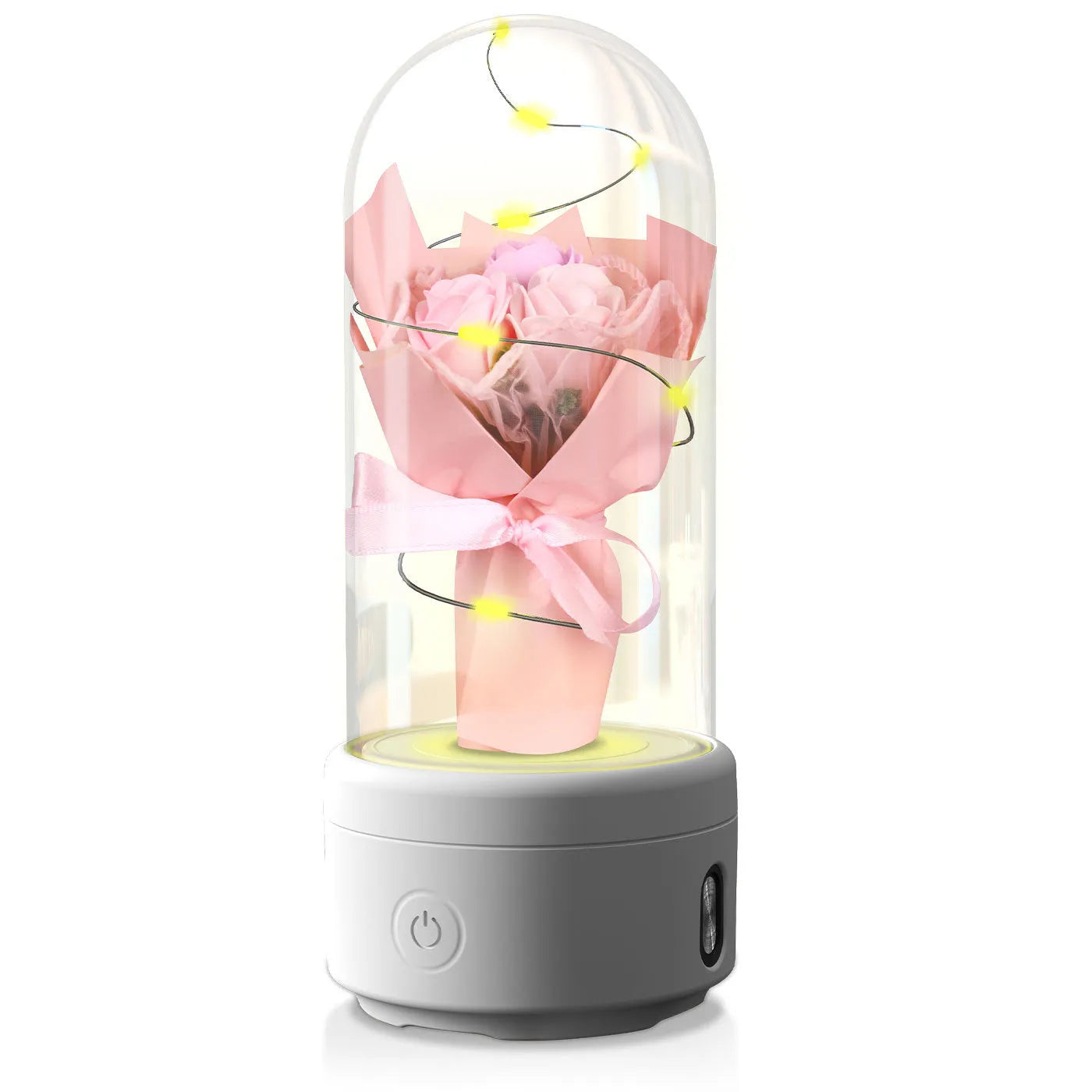 LED bouquet night light with Bluetooth speaker inside a glass cover on a black base.