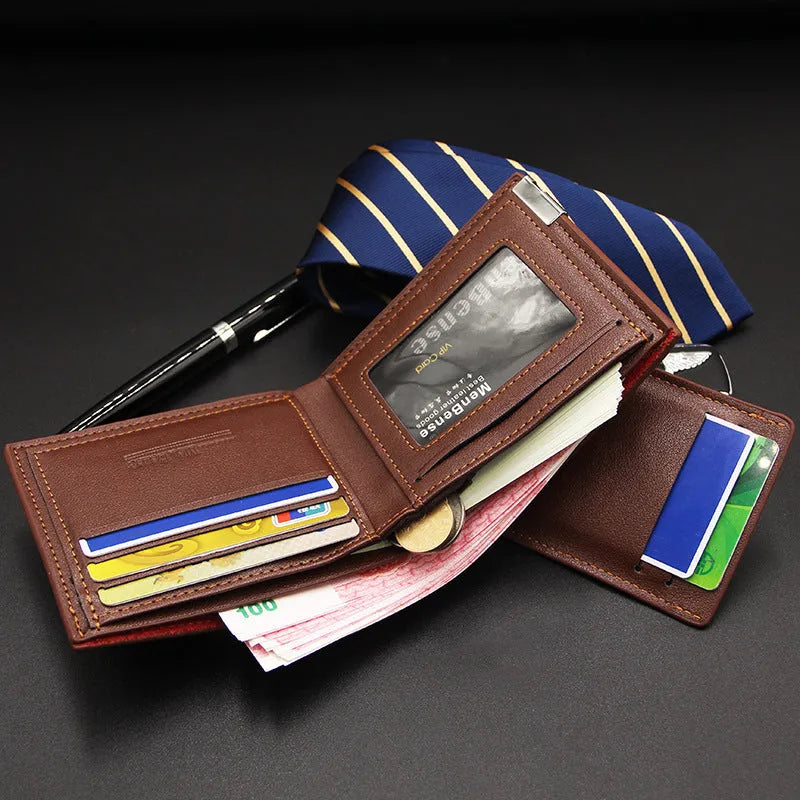Men's black iron-edge short wallet showing card slots and coin compartment