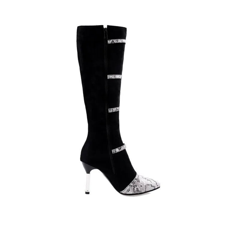 Grey and black women's knee-high boots with a thin 9cm high heel and a 33cm shaft.