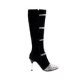 Grey and black women's knee-high boots with a thin 9cm high heel and a 33cm shaft.