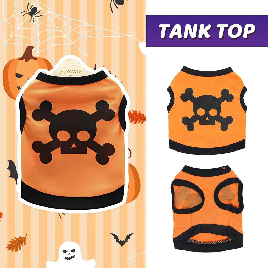 Blue Halloween dog vest with skull bones pattern on a small dog, showing stretch cotton tank top design
