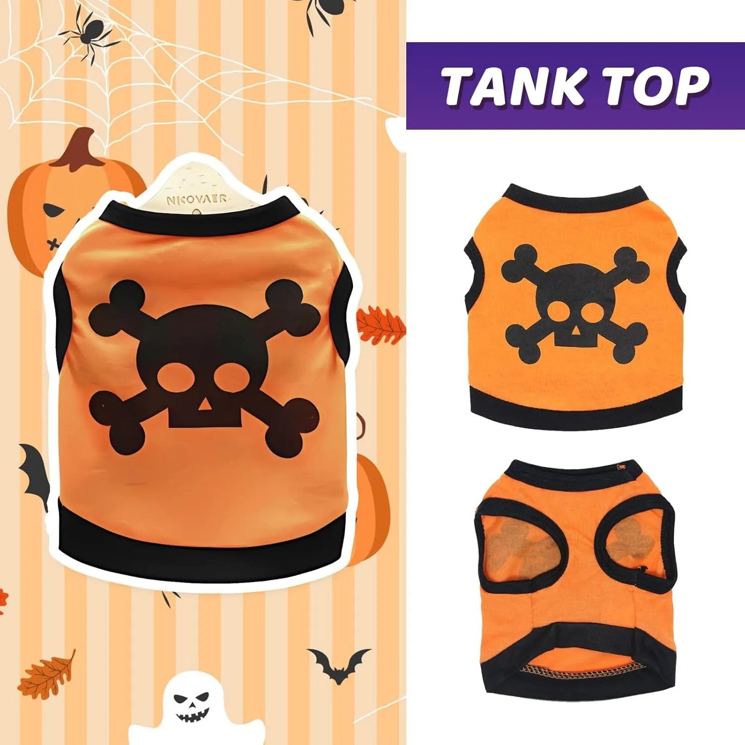Blue Halloween dog vest with skull bones pattern on a small dog, showing stretch cotton tank top design