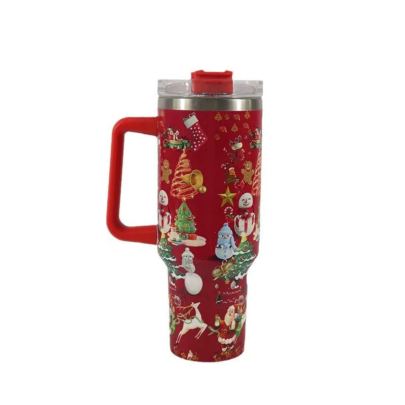 Christmas pattern stainless steel travel tumbler with handle and straw, 1200ml capacity