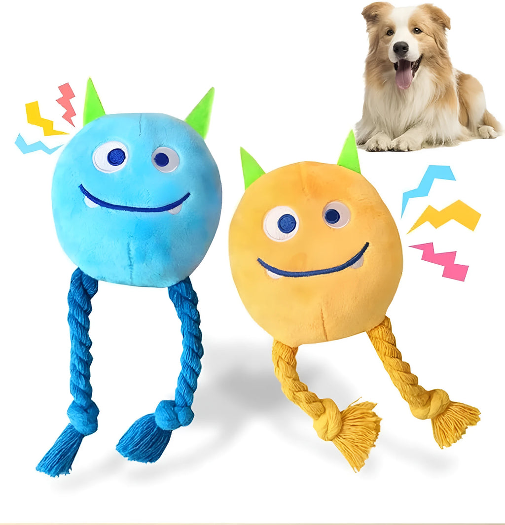 2pcs squeaky rope plush dog toys in blue and yellow for small dogs, puppies, and medium breeds