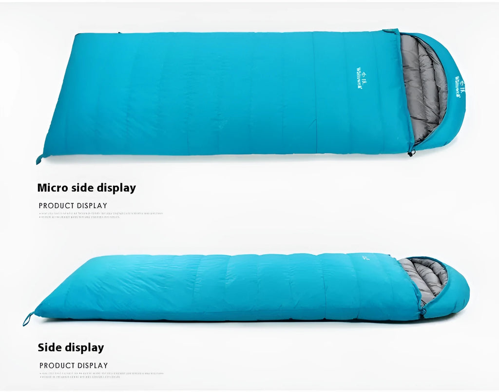 Black outdoor sleeping bag filled with white goose down and made from tear-resistant nylon.