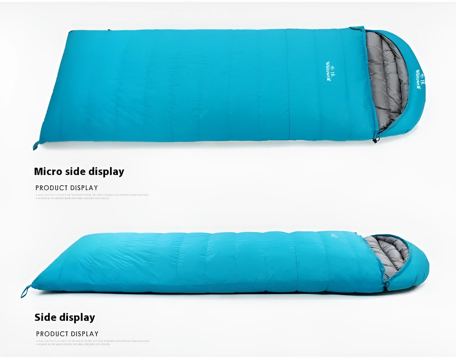Black outdoor sleeping bag filled with white goose down and made from tear-resistant nylon.