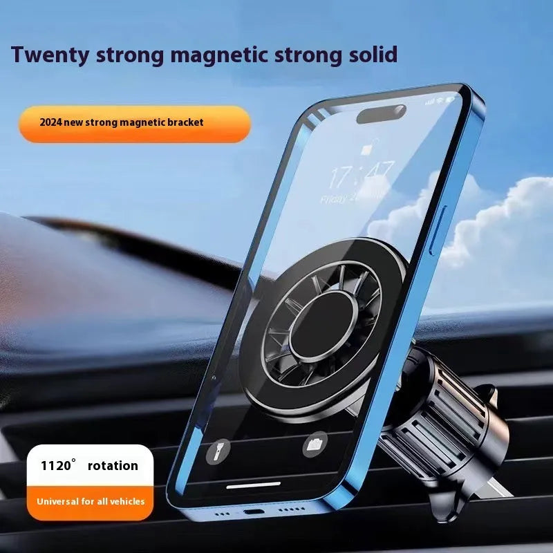 Magnetic car phone holder with suction cup mounted on dashboard air vent showing a smartphone attached