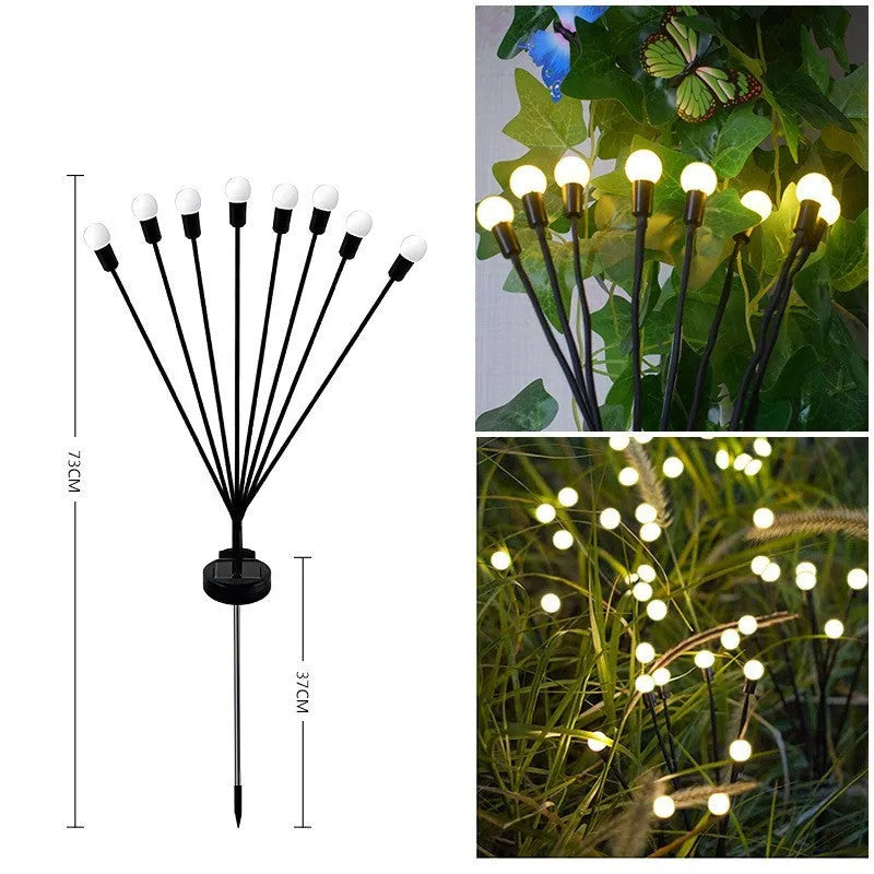 Solar-powered LED garden stake light with multiple heads on a stainless steel spike, showing warm white and coloured light modes.