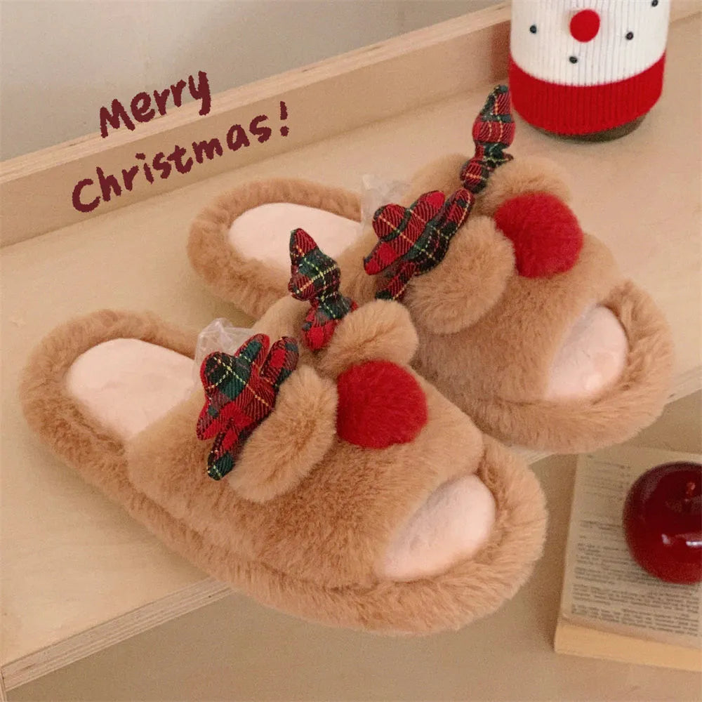 Brown women's cotton suede slippers with a cartoon deer print and PVC sole.