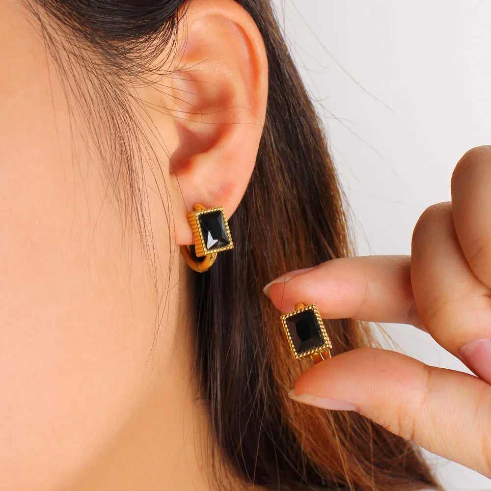 Stainless steel square zircon earrings in black, green, or white with geometric design