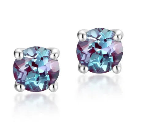 A pair of simple geometric 925 silver ear studs with round cultivated alexandrite stones.