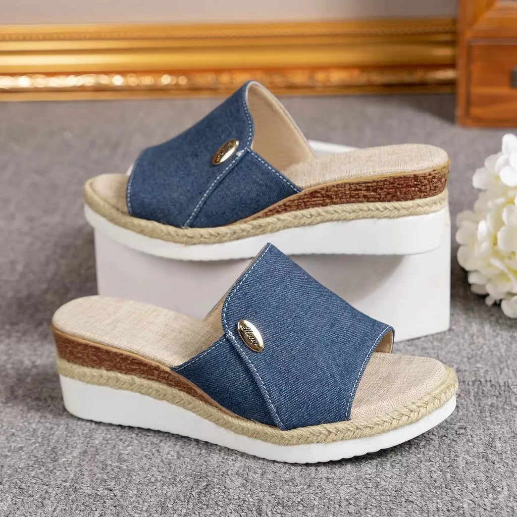 Beige canvas wedge sandals with fish mouth toe and thick hemp sole
