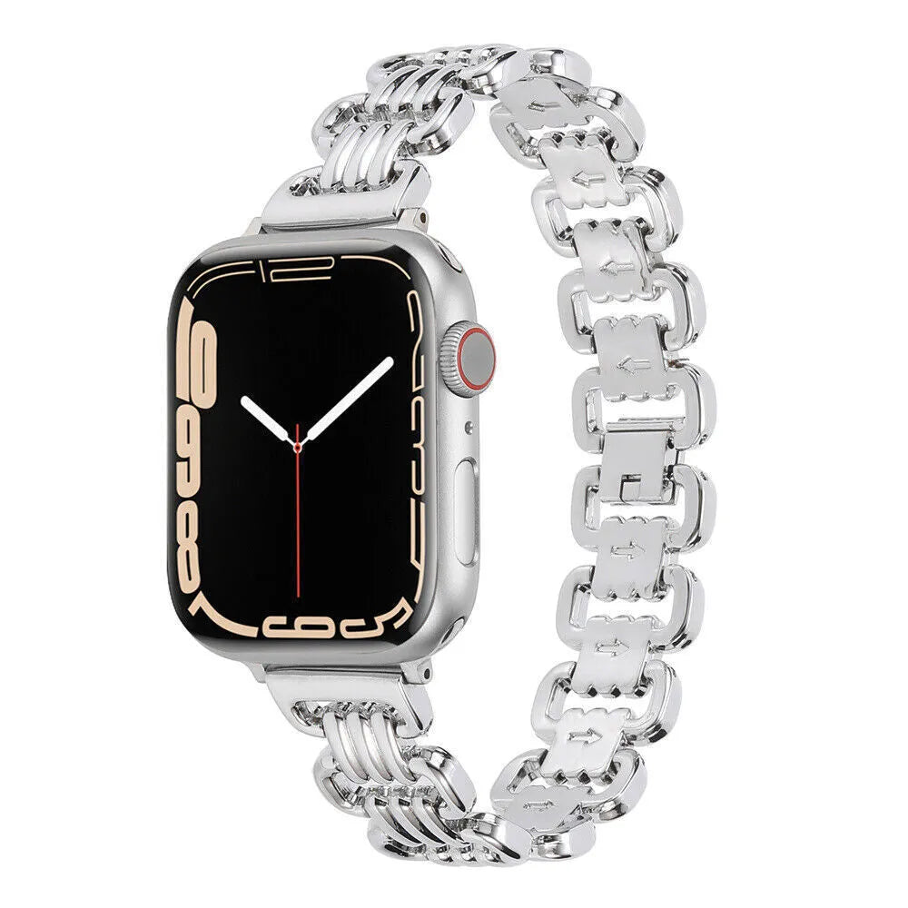 Alloy metal ladies watch bracelet for Apple Watch in various colours on a watch case