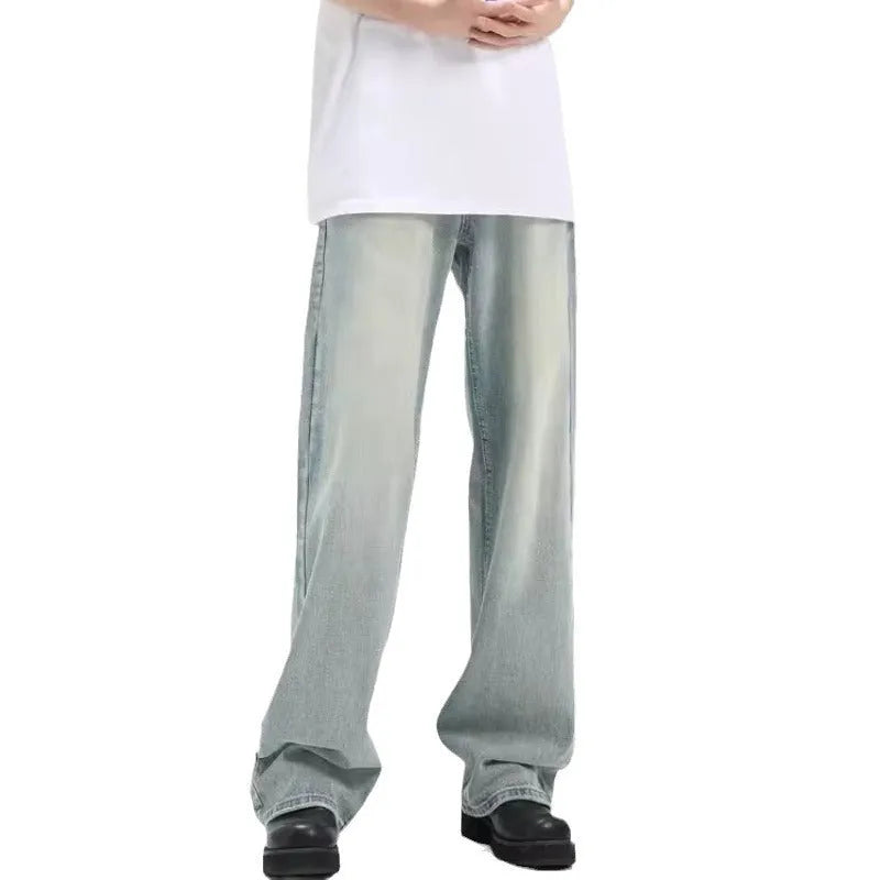 Blue loose-fit retro men's trousers with an elastic waistband, made from rabbit fur fabric.