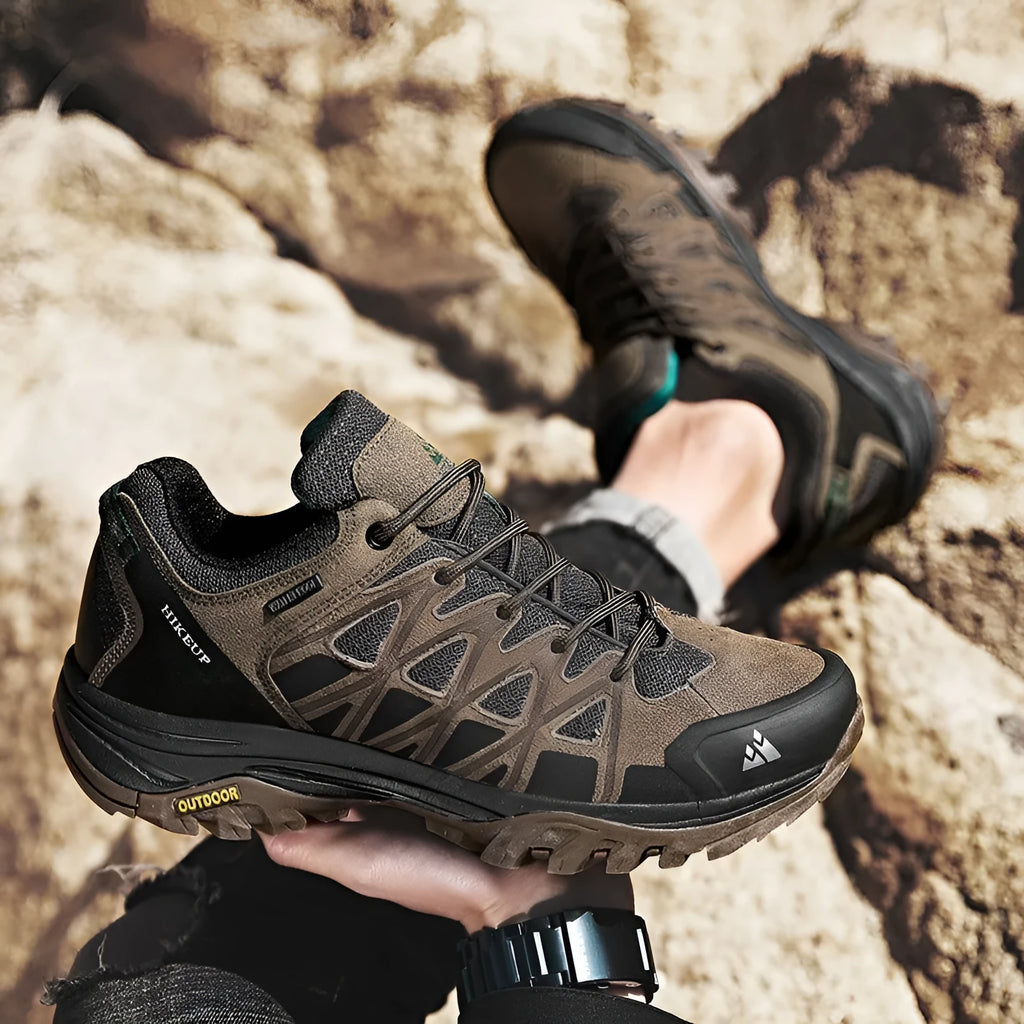 Men's synthetic leather climbing shoes in khaki, grey, and black colours with shallow mouth design