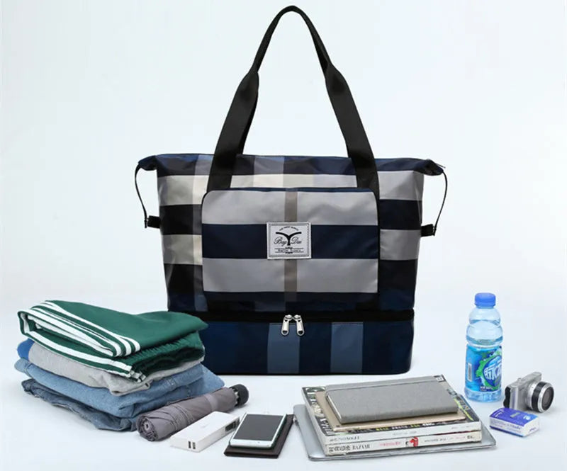 Foldable travel duffel bag waterproof Oxford cloth dry wet separation black