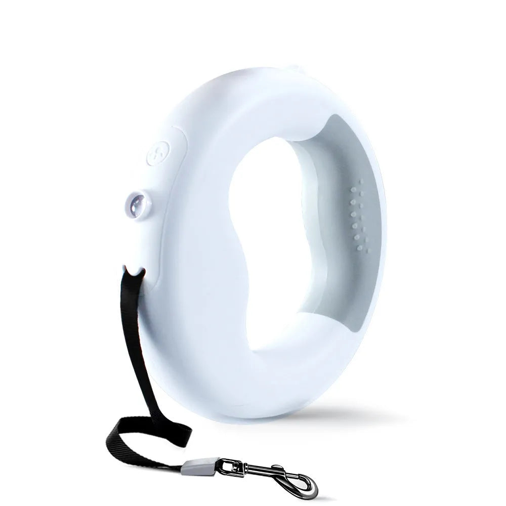 Luminous automatic telescopic dog rope lamp with LED light, black, shown on a pink background