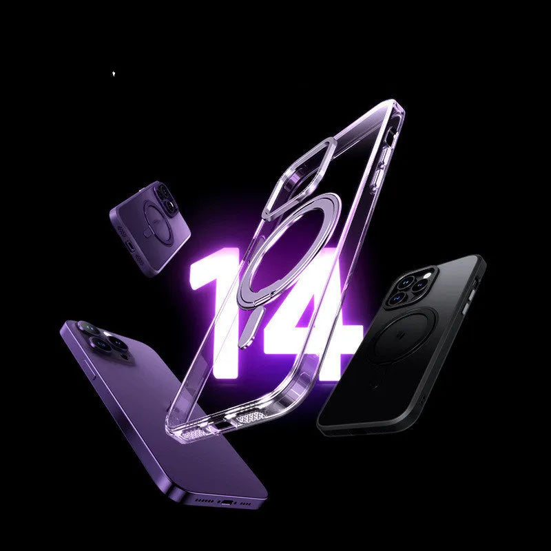 Transparent magnetic iPhone case with aluminium bracket shown on an iPhone 15.