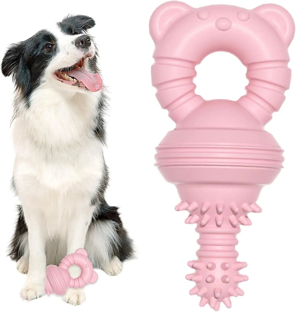 Blue rubber dog chew toy with textured molar cleaning surface and bell inside
