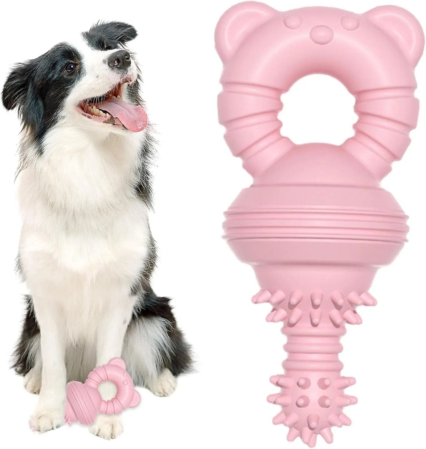 Blue rubber dog chew toy with textured molar cleaning surface and bell inside