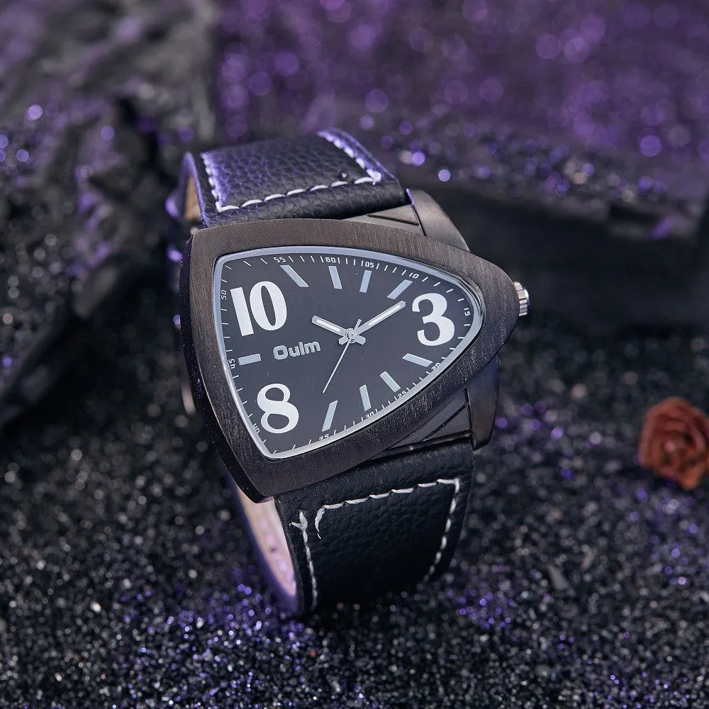 Men's casual triangle belt quartz watch in three colour options with 9mm slim profile