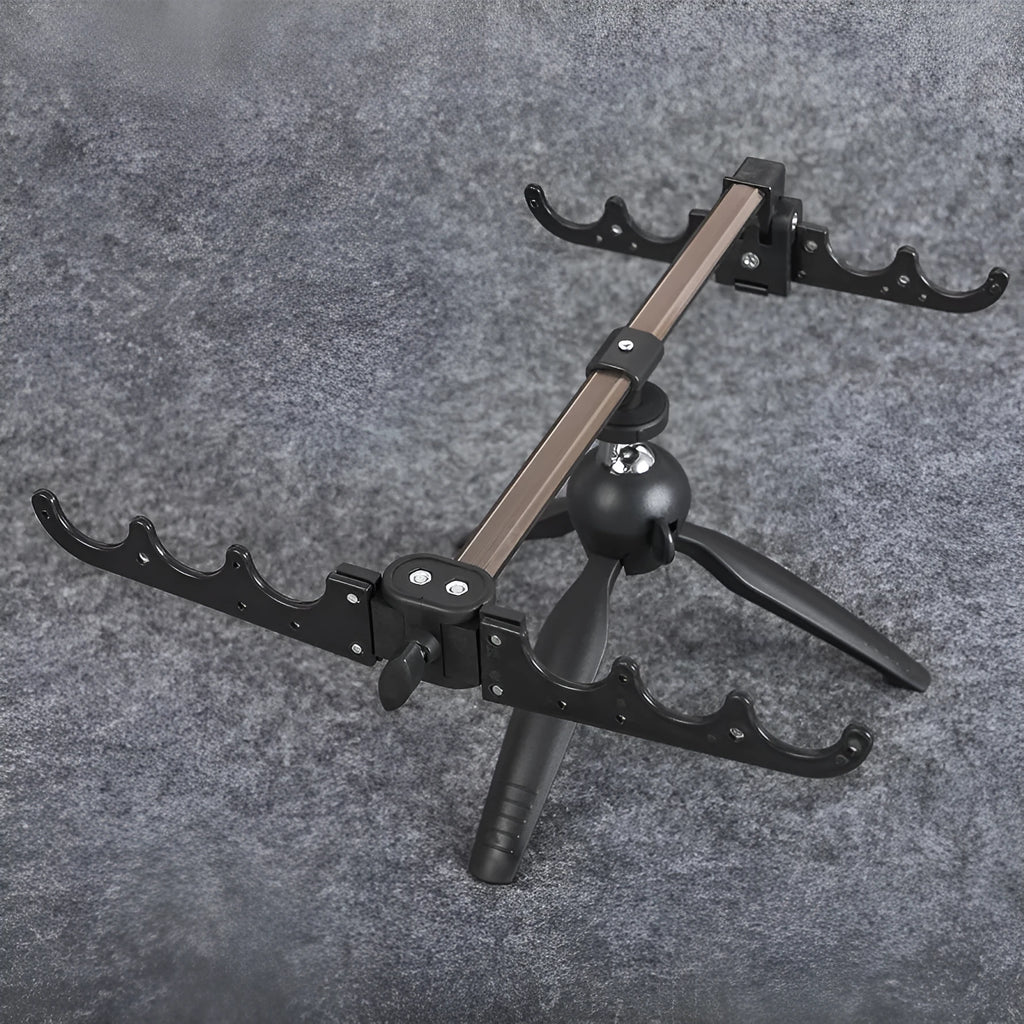 Aluminium alloy ice fishing tripod rod holder bracket standing on ice.