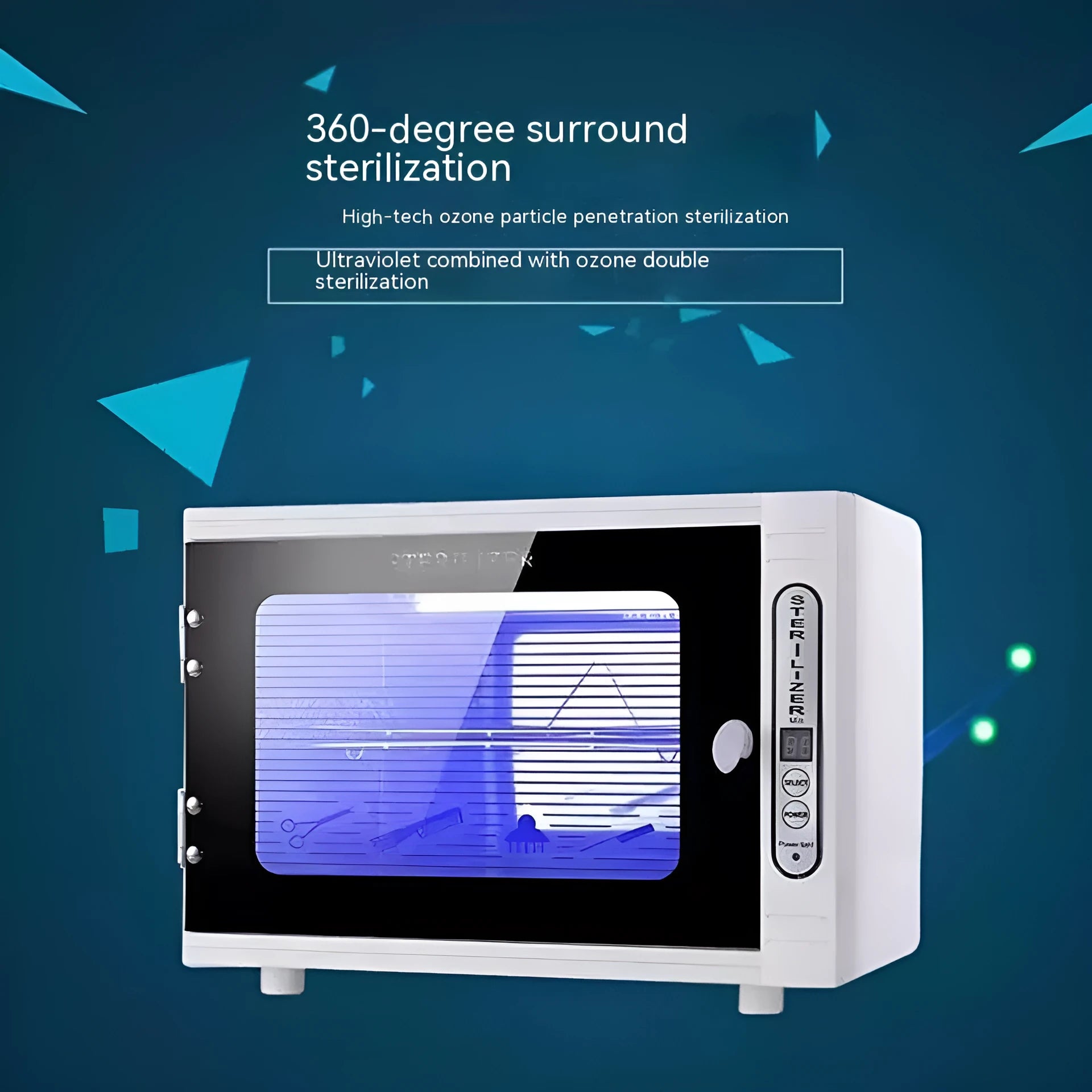 Silver mini UV steriliser cabinet with stainless steel liner for salon tool disinfection.
