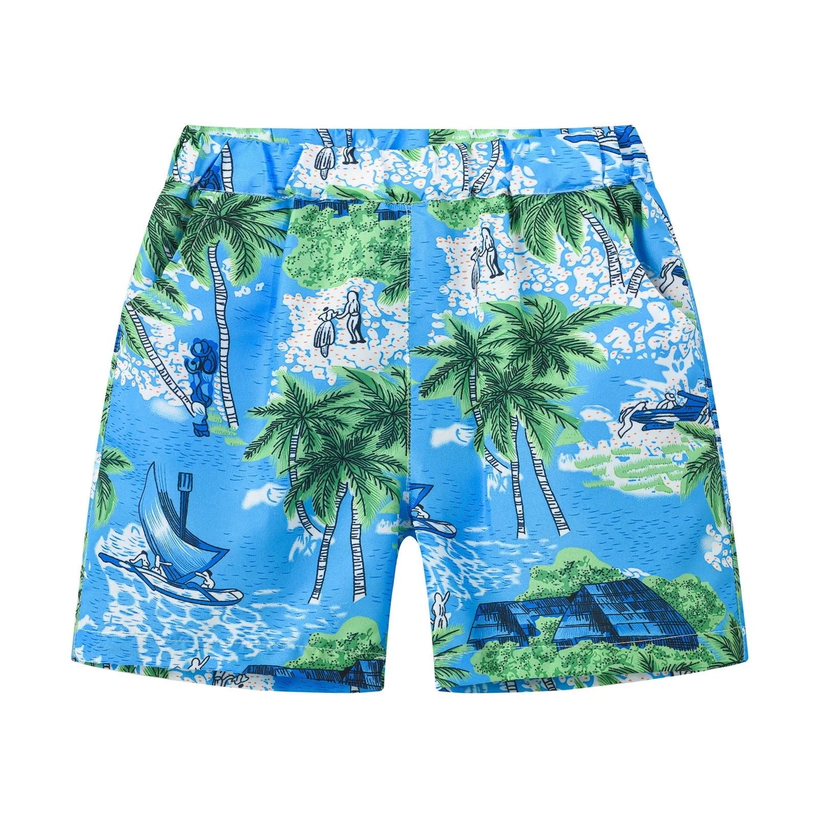 Printed beach shorts with hairband belt waist in chemical fibre blend fabric showing tropical print designs