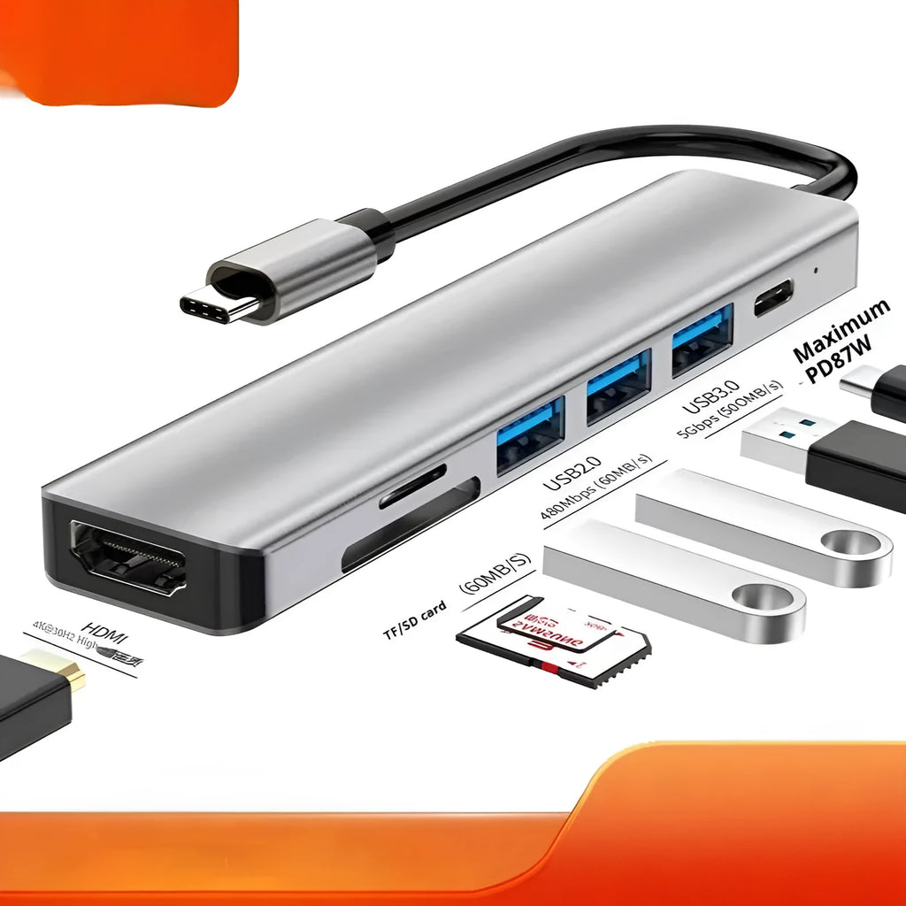 Type-C 7-in-1 expansion dock with HDMI port and USB 3.0 hub on a 15 cm cable.