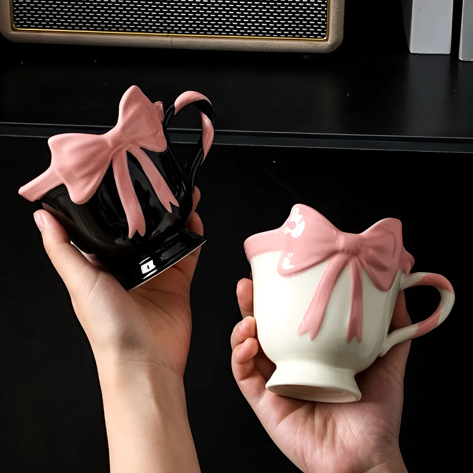 Original heart bow design ceramic mug in black pink or white powder colour, 350ml capacity.
