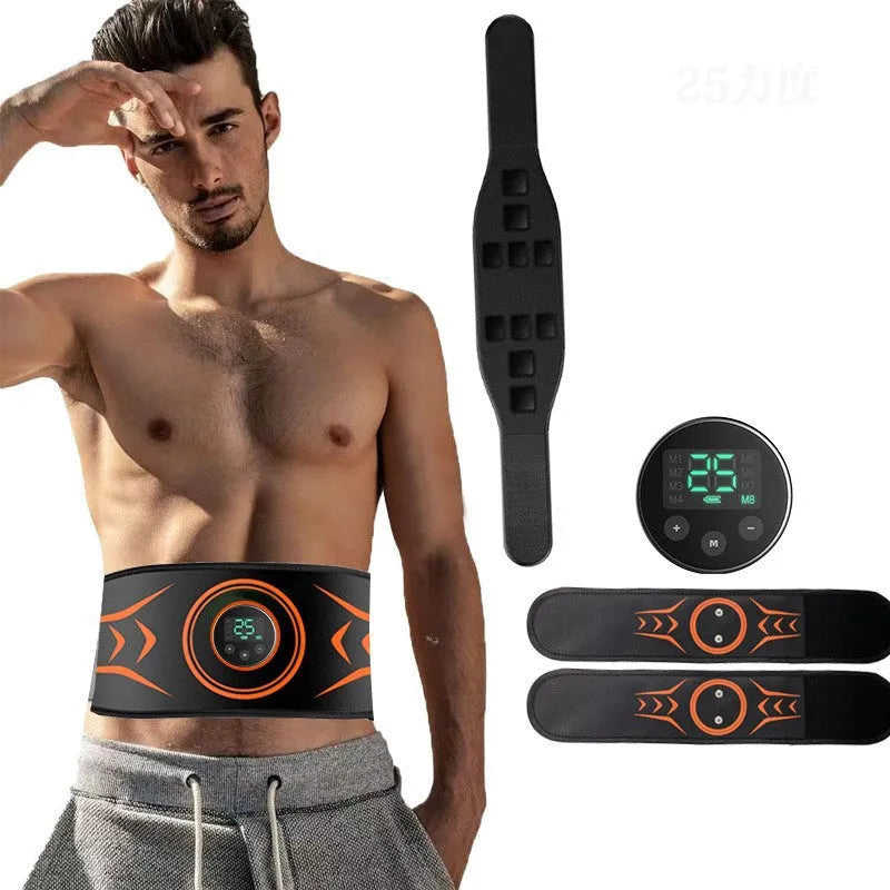 Rechargeable EMS massage belt with abdominal strap, arm stickers, and extension strap for muscle stimulation
