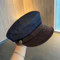 Dark blue denim octagonal newsboy hat with an adjustable fit for 54-58cm head sizes.