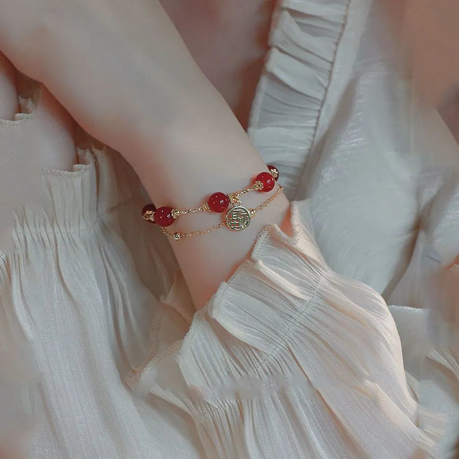 Red agate double-layer bracelet with horse charm and blessing card in electroplated alloy with chamfered square pattern