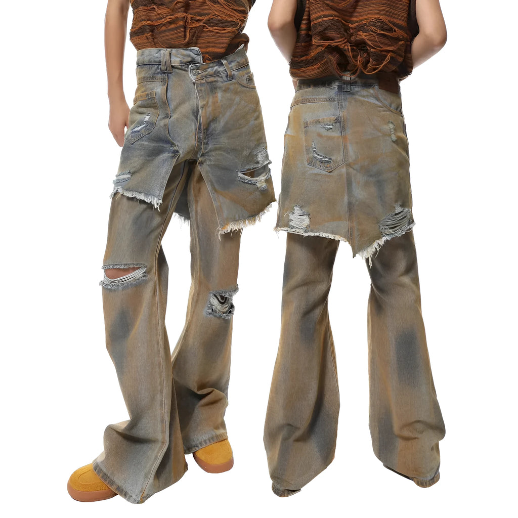 Loose hole bootcut denim pants with high waist and button fly in straight-leg style