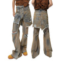 Loose hole bootcut denim pants with high waist and button fly in straight-leg style