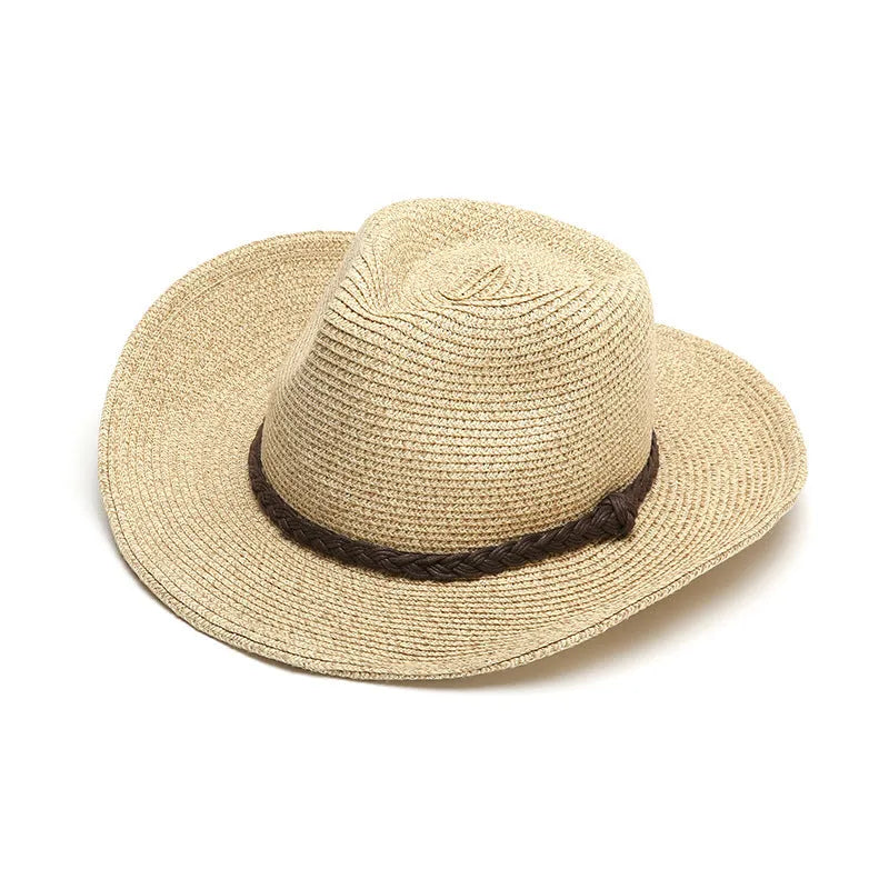 Men's foldable wide-brim straw sun hat in beige, shown on a neutral background.