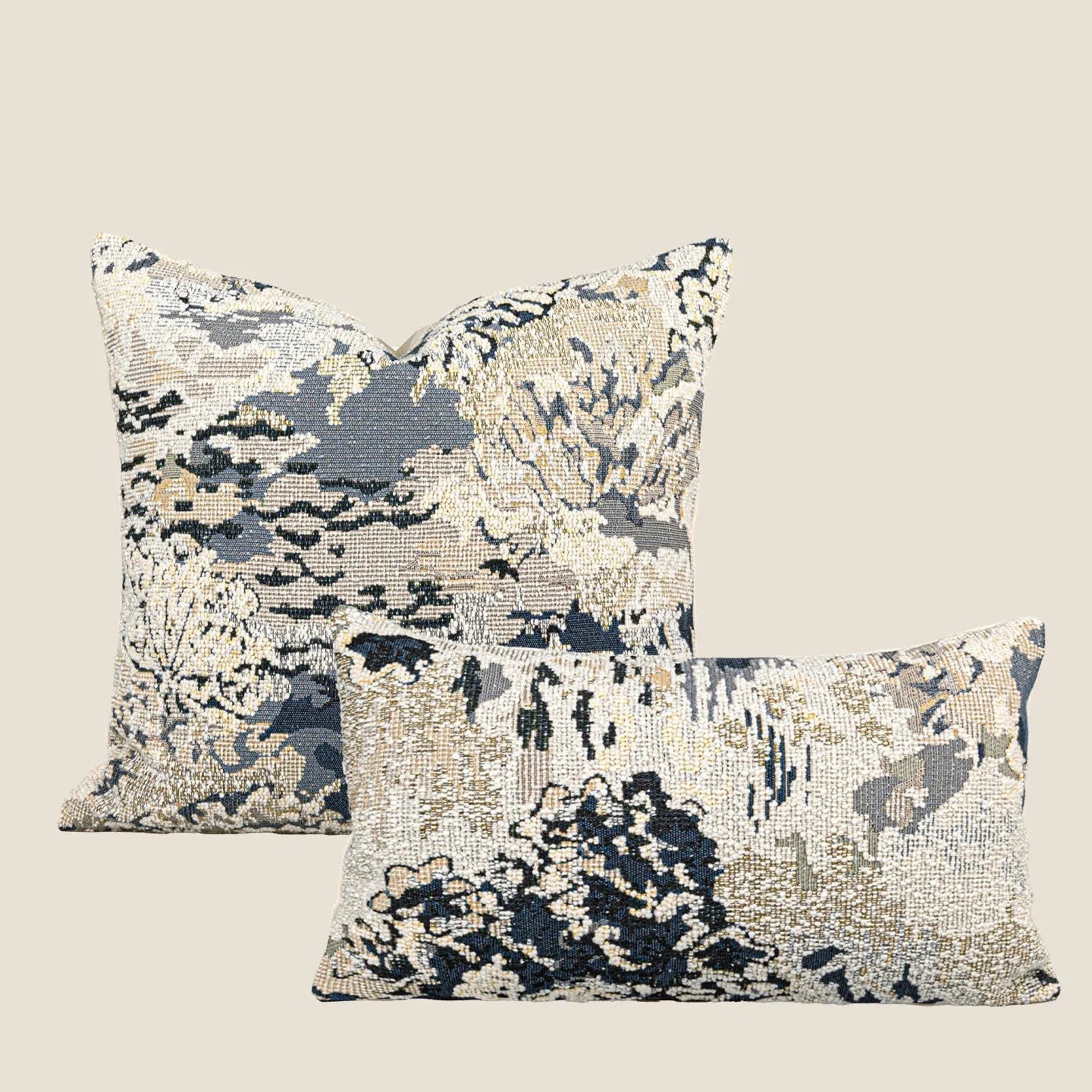 Chinese style decorative pillow cover with blue antique French floral pattern on wool blend fabric.