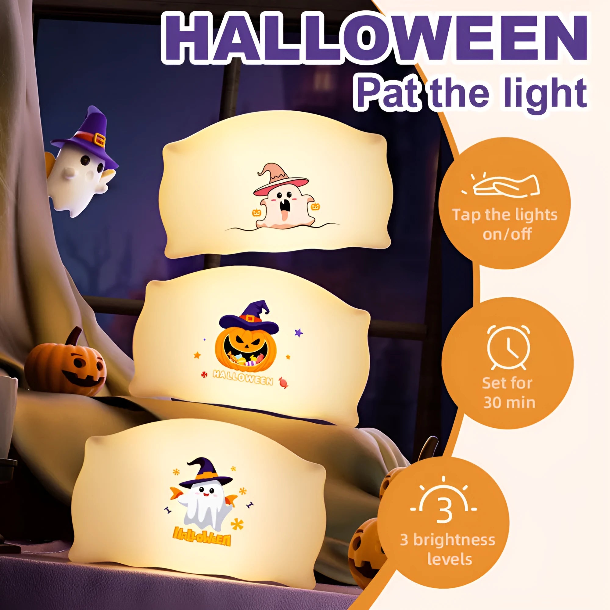 Cartoon Halloween doll table lamp in Magic Ghost design, showing warm light glow and USB-C charging port.