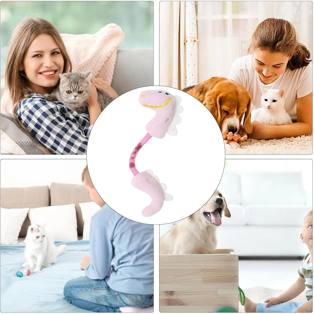 Set of cat toys including plush animals, rope toys, and springs on a pink background
