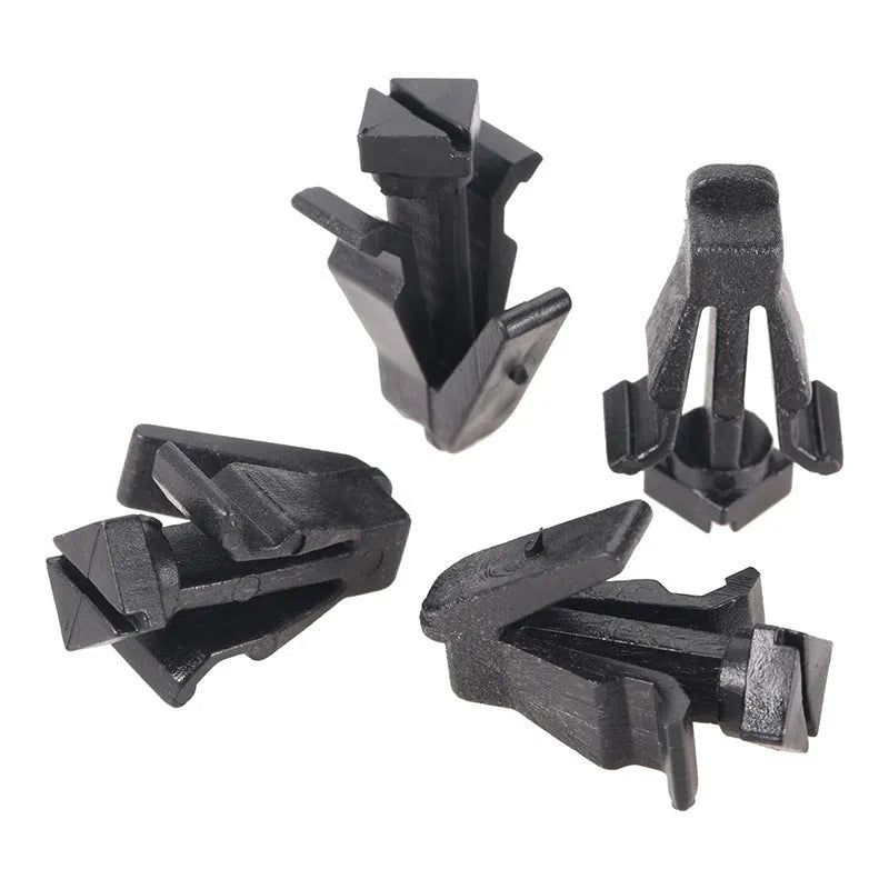 Black plastic Nissan bumper cover radiator grille fastening clip, part number 76882-0M060.