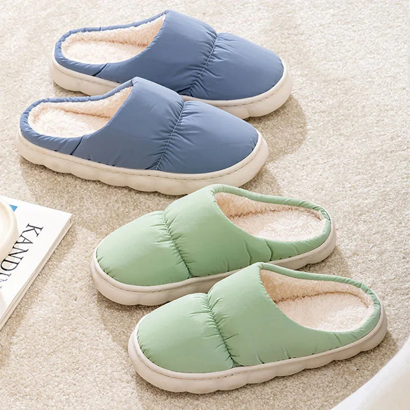 Down cotton slippers with artificial leather upper and rubber sole in blue colour
