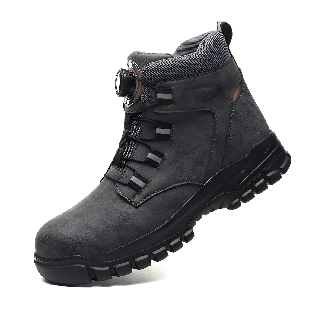 Men's black leather safety work shoes with a steel toe cap and rubber sole on a grey background.