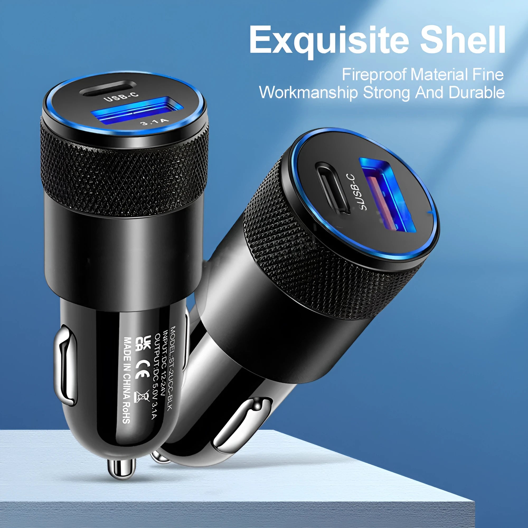 Aluminium alloy car phone charger with 12V input and compact 2.5 by 6cm dimensions
