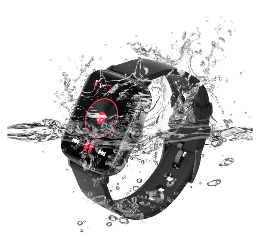 Black smart watch with 1.7-inch colour touch screen on an adjustable strap, showing fitness data interface.