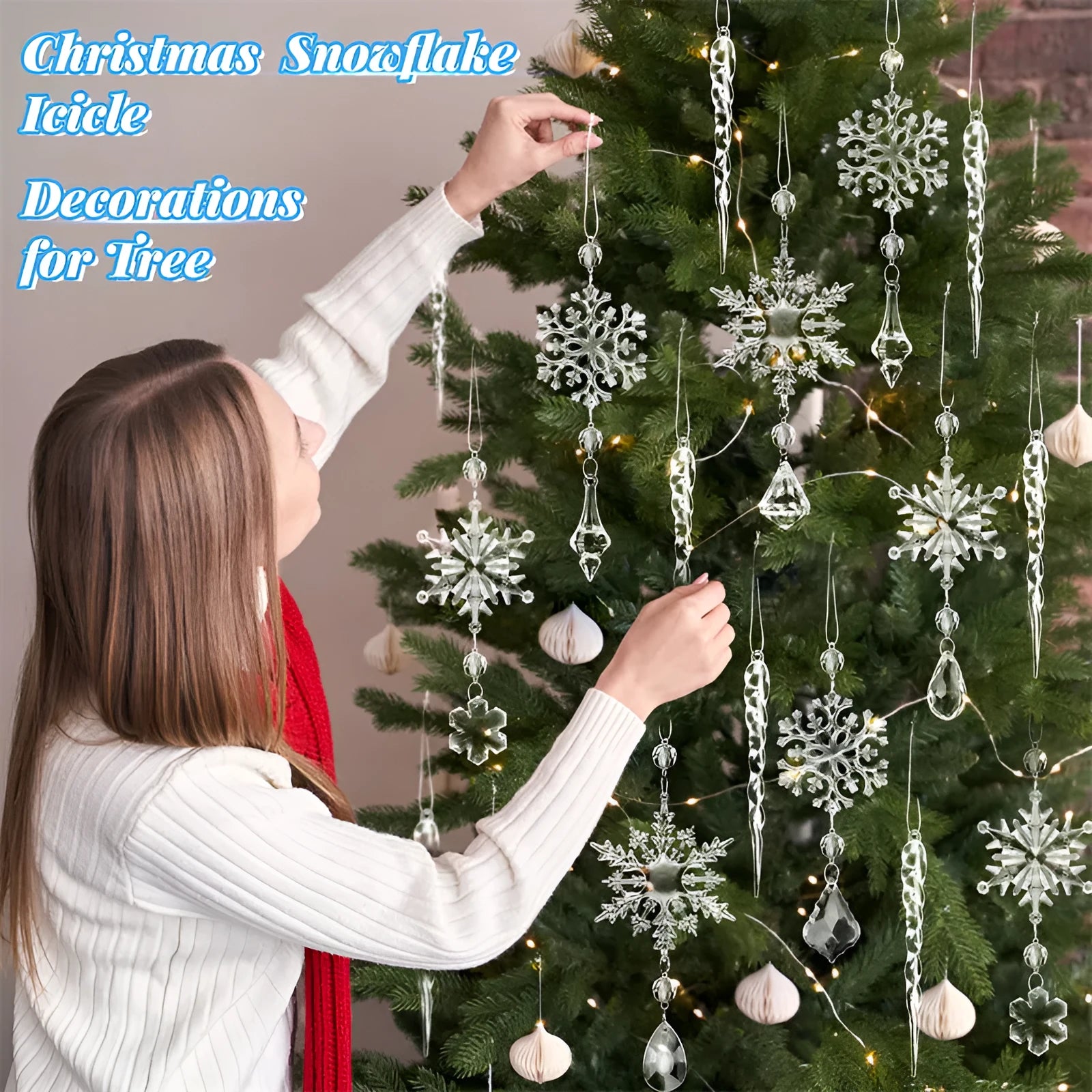 Ten transparent acrylic ice cone Christmas ornaments with ribbon for hanging on trees and indoor outdoor holiday decor