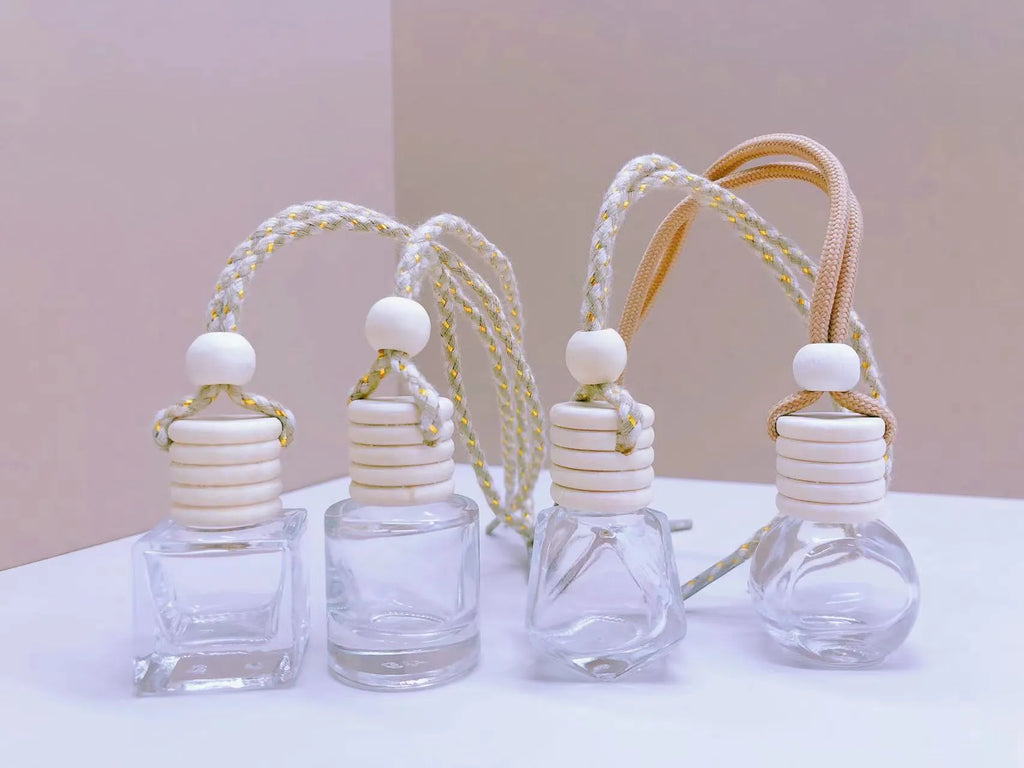 Glass bottle car perfume pendant in cylinder, diamond, flat drum, and square styles with 8ml or 6ml capacity